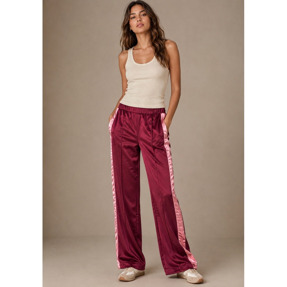 NWT Ayda Chief Track Pant Large Burgundy Pink Velvet Satin Stripe Retro Y2K $128